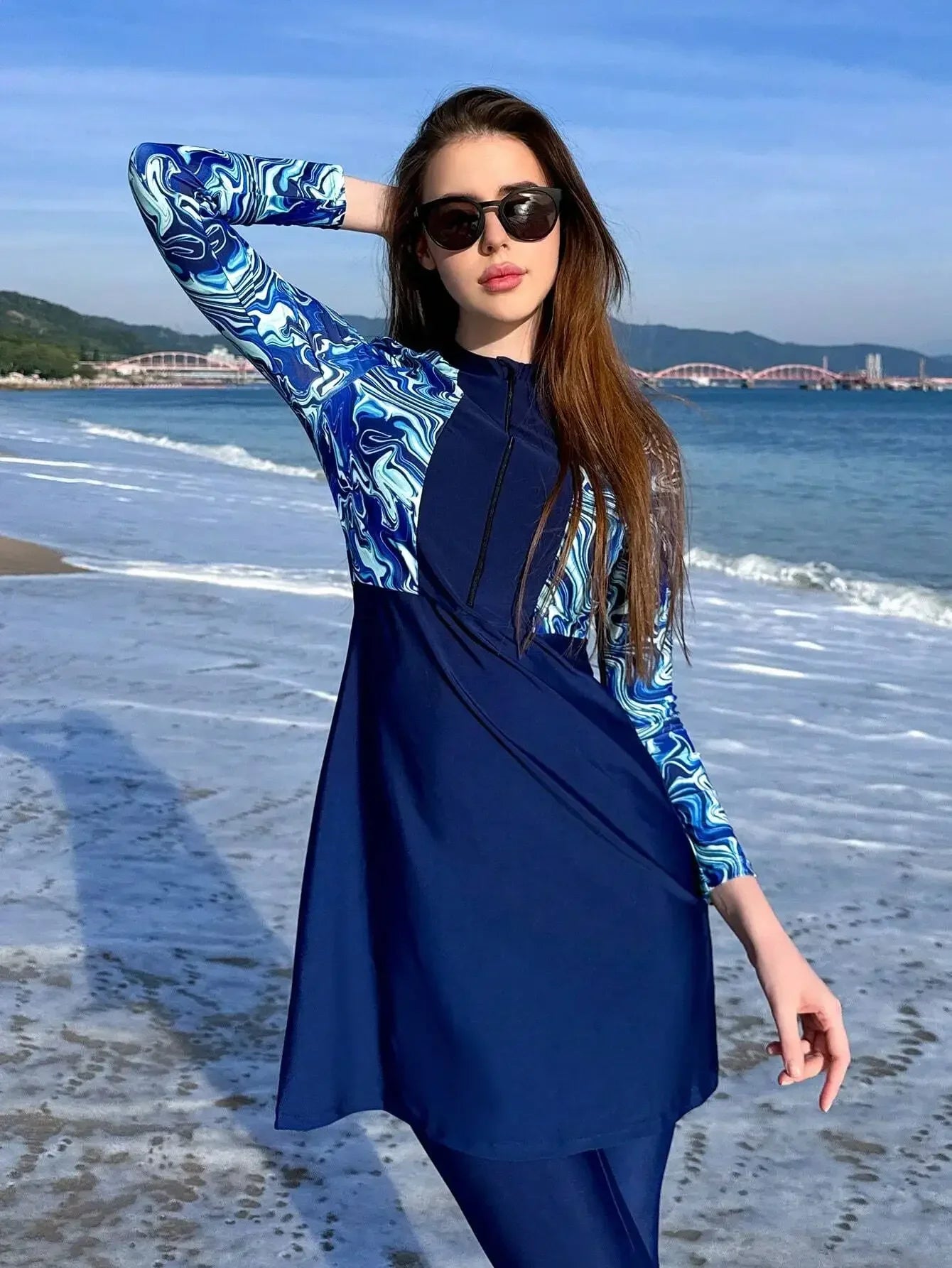 Womens 3-Piece Beach Swim Set With Long Sleeve Top And Skirt