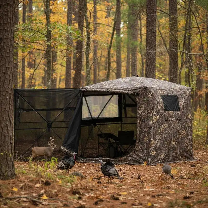 360 Degree View Ground Concealment Tent 85x85x66 Inches For Turkey Hunting, Deer Archery, Wildlife Photography, Silent Zipper Windows Portable Camouflage Shelter Carrying Bag Included High Capacity 4-5 Person Mesh Walls Durable Fabric Design