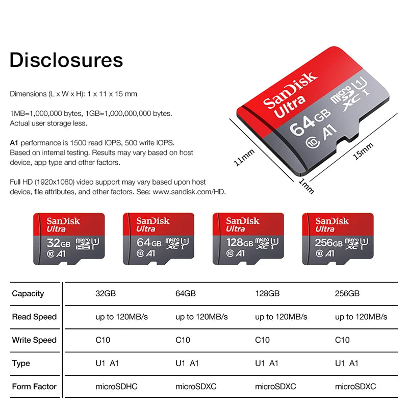 Micro SD Memory Card TF/SDCard 32GB 64GB 256GB 512GB 120M/S Class10 UHS-1 Flash Ultra 128GB Camera/Phone For Card Reader/Adapter