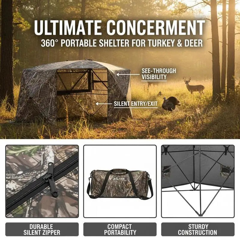 360 Degree View Ground Concealment Tent 85x85x66 Inches For Turkey Hunting, Deer Archery, Wildlife Photography, Silent Zipper Windows Portable Camouflage Shelter Carrying Bag Included High Capacity 4-5 Person Mesh Walls Durable Fabric Design