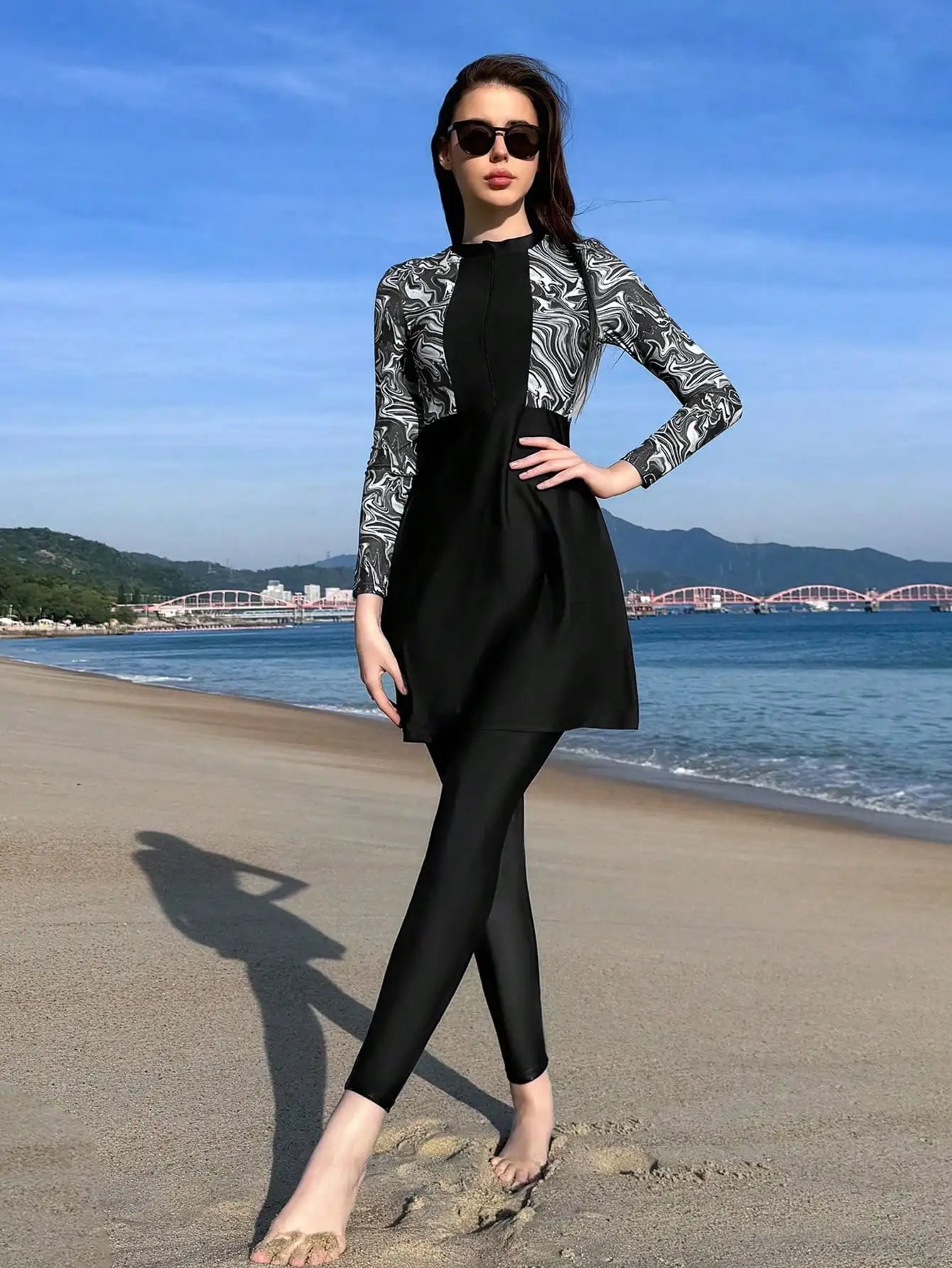 Womens 3-Piece Beach Swim Set With Long Sleeve Top And Skirt