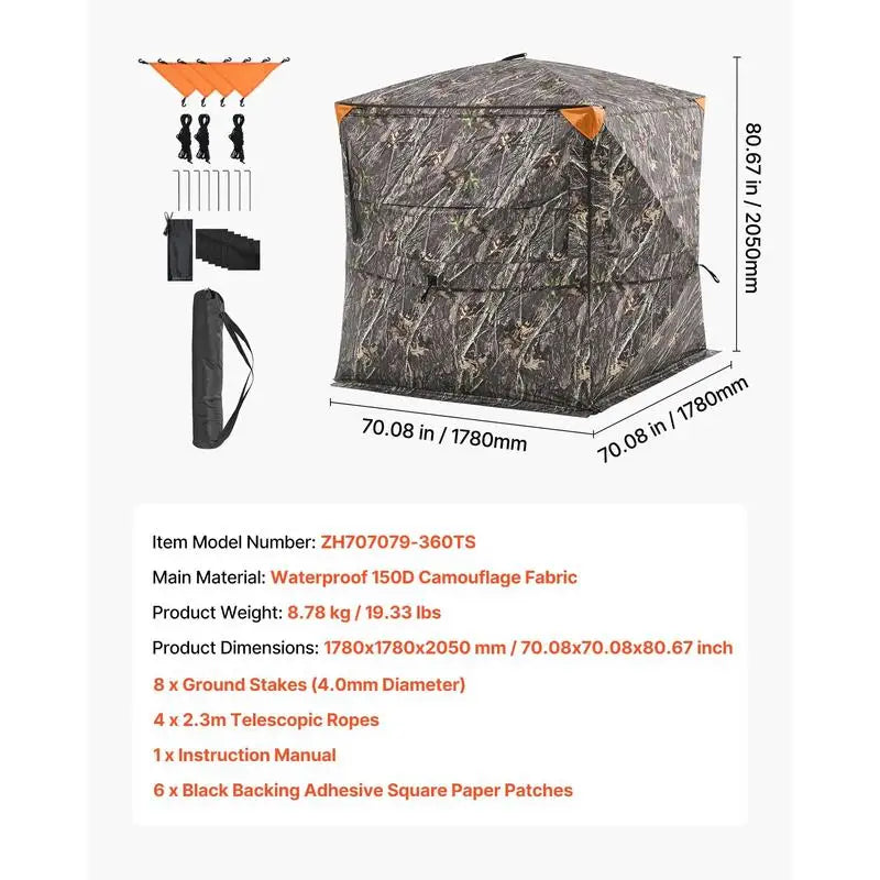 360 Degree View Ground Concealment Tent 85x85x66 Inches For Turkey Hunting, Deer Archery, Wildlife Photography, Silent Zipper Windows Portable Camouflage Shelter Carrying Bag Included High Capacity 4-5 Person Mesh Walls Durable Fabric Design
