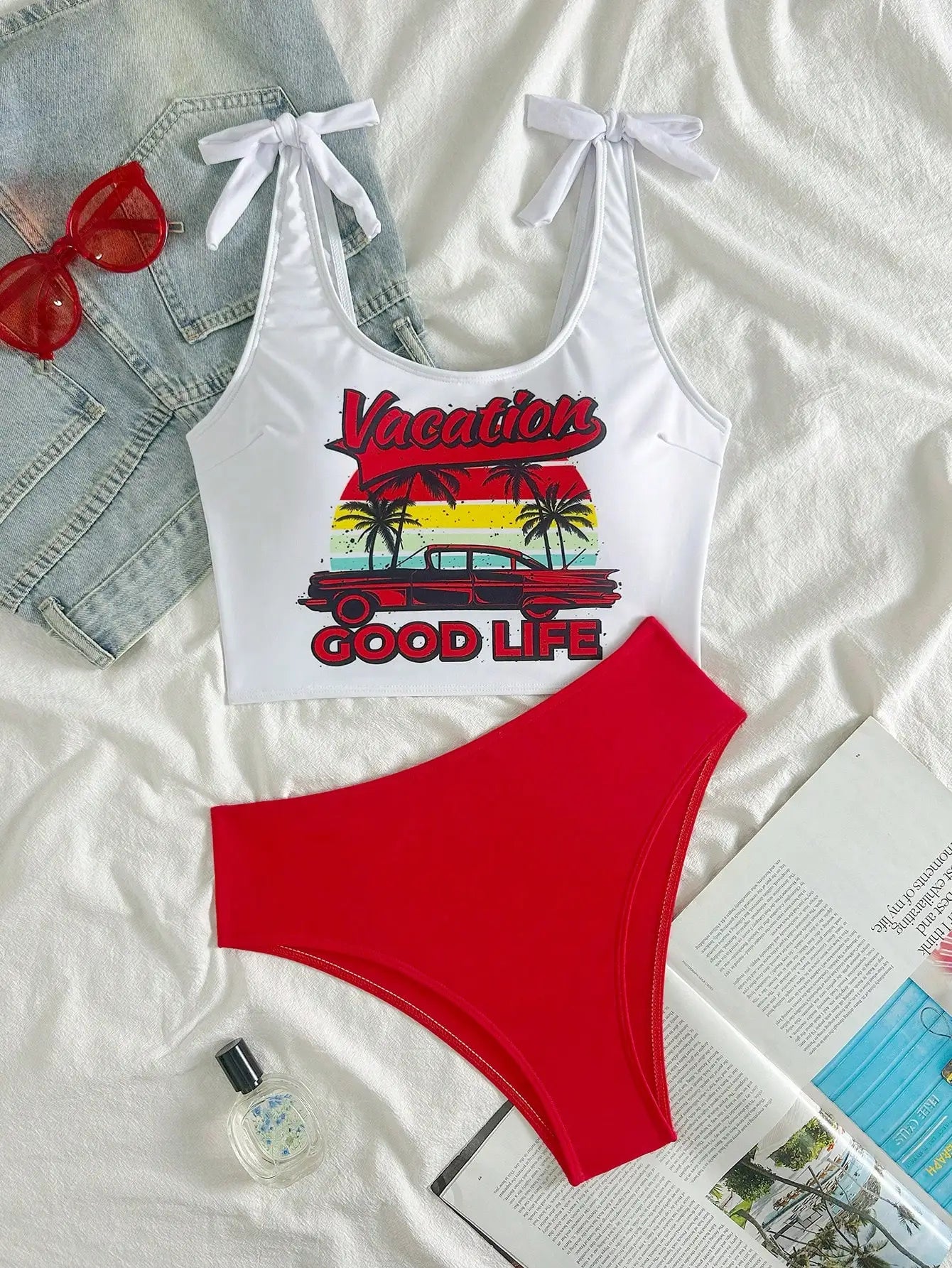 Women Vacation Good Life Graphic Tie Shoulder Tankini Set