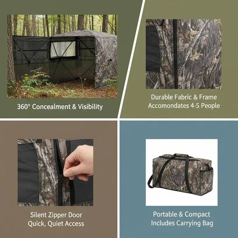 360 Degree View Ground Concealment Tent 85x85x66 Inches For Turkey Hunting, Deer Archery, Wildlife Photography, Silent Zipper Windows Portable Camouflage Shelter Carrying Bag Included High Capacity 4-5 Person Mesh Walls Durable Fabric Design