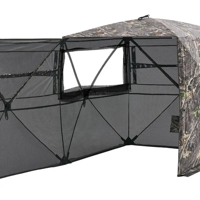 360 Degree View Ground Concealment Tent 85x85x66 Inches For Turkey Hunting, Deer Archery, Wildlife Photography, Silent Zipper Windows Portable Camouflage Shelter Carrying Bag Included High Capacity 4-5 Person Mesh Walls Durable Fabric Design