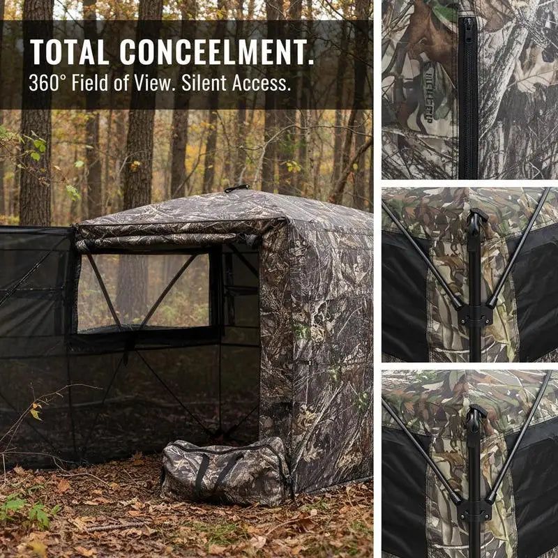 360 Degree View Ground Concealment Tent 85x85x66 Inches For Turkey Hunting, Deer Archery, Wildlife Photography, Silent Zipper Windows Portable Camouflage Shelter Carrying Bag Included High Capacity 4-5 Person Mesh Walls Durable Fabric Design