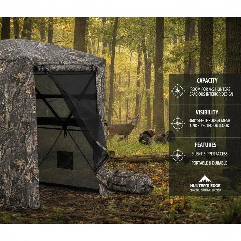 360 Degree View Ground Concealment Tent 85x85x66 Inches For Turkey Hunting, Deer Archery, Wildlife Photography, Silent Zipper Windows Portable Camouflage Shelter Carrying Bag Included High Capacity 4-5 Person Mesh Walls Durable Fabric Design