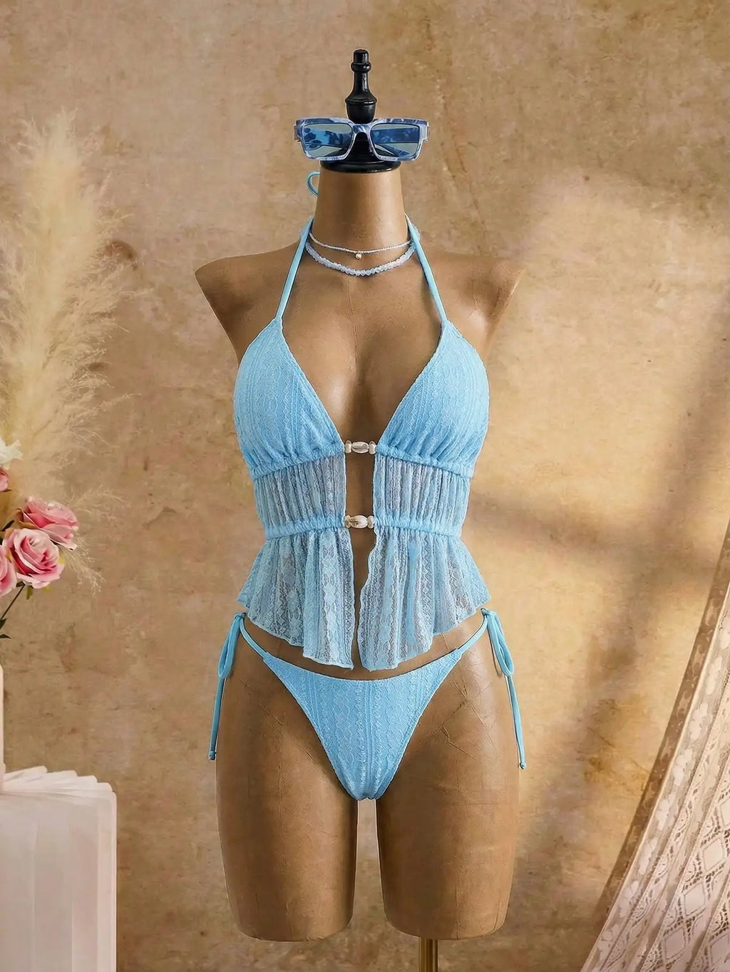 Cream Lace Halter Neck Tankini Set With Beaded Detail And Tie Side Bottoms